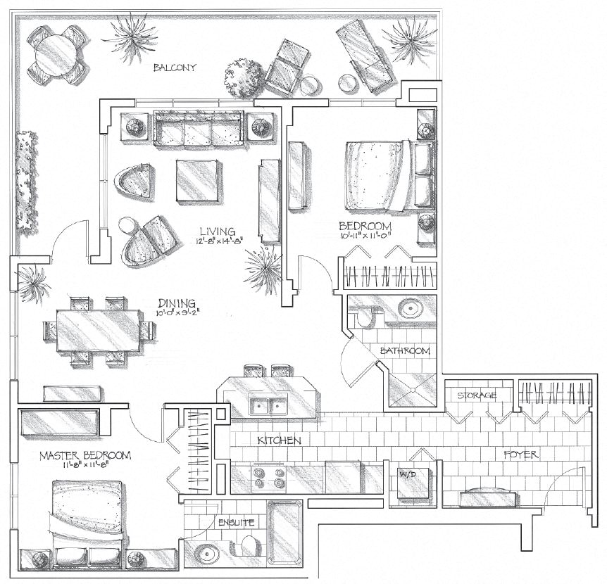 Floor plan for 2 beds, 2 baths, 1093 sqft